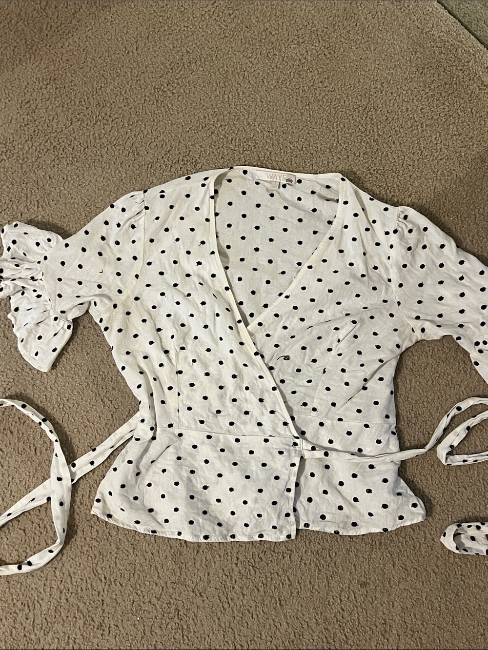 Wayf White Wrap linen blend Blouse with Black Polka Dots